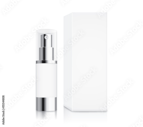 Cosmetic pump bottle small size and white box isolated on white for serum container mock up and cream and gel or other job.