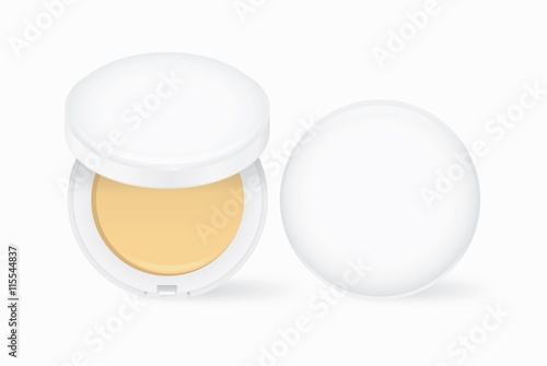 Makeup face powder nude color in white case. Open and closed for cosmetic mock up and other.