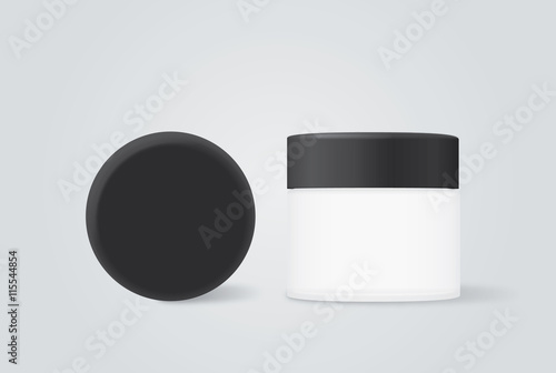 Opaque cream jar with black cap for beauty product mock up design in front view and top view.