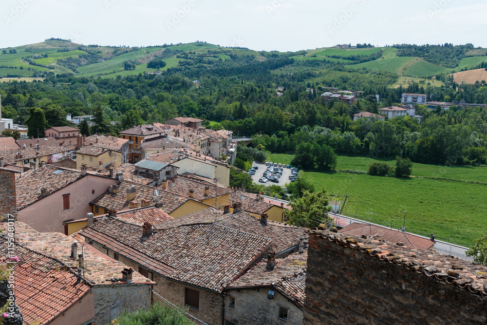 landscape with roofs of houses in small tuscan town in province,
