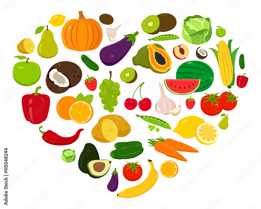 Obraz premium Heart shape with fruits and vegetables. Vector