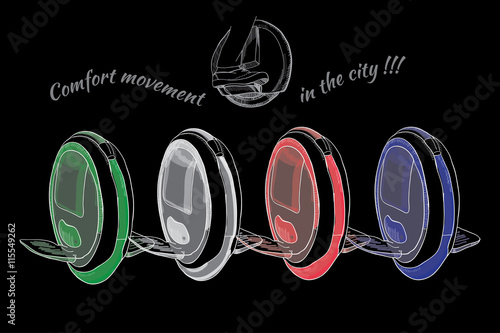 Hand Drawn Set of  isolate Balancing one wheel, electric  scoote