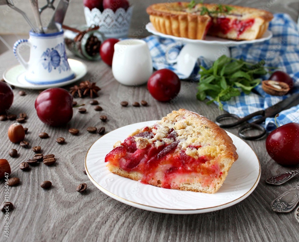 homemade cake with plums and cream filling homemade cake with plums and cream filling