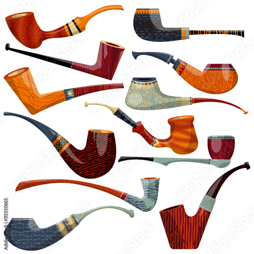 12 multi-colored tobacco pipes of different shapes.