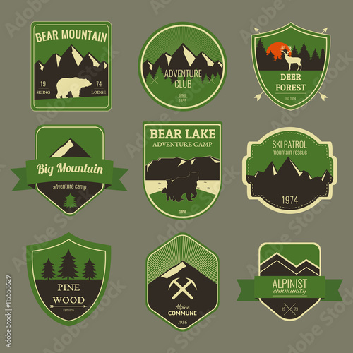 Set of outdoors adventure and expedition badges and labels. Vector