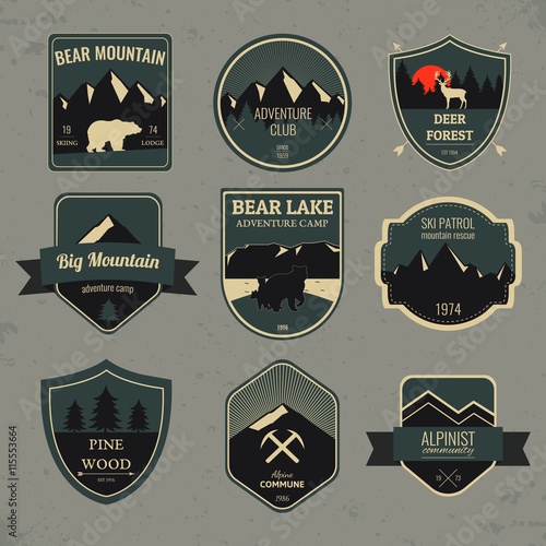 Set of outdoors adventure and expedition badges and labels. Vector