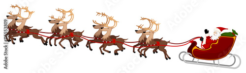 Vector illustration of Santa Claus in flight with his eight reindeer.