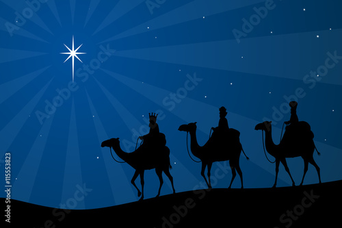 Vector illustration of the biblical three wise men heading toward the Star of Bethlehem.