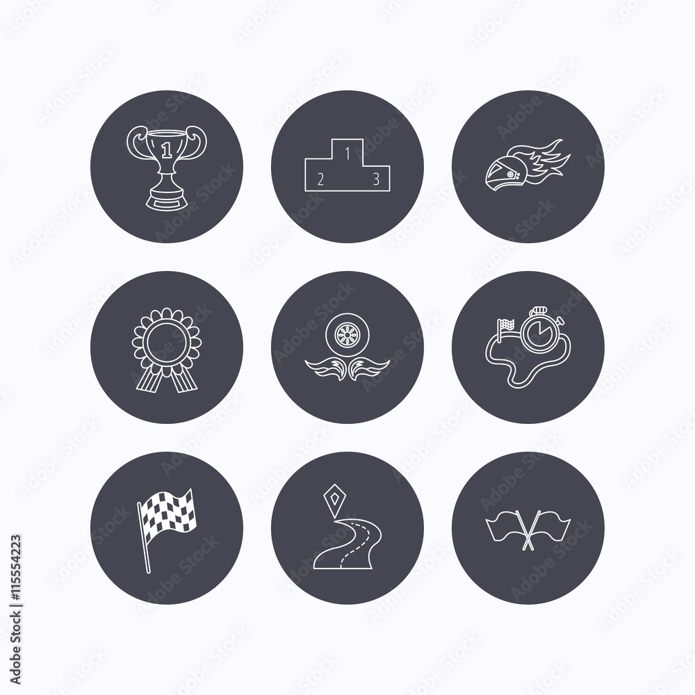 Winner cup and award icons. Race flag signs. Winner cup and award icons. Race flag signs.