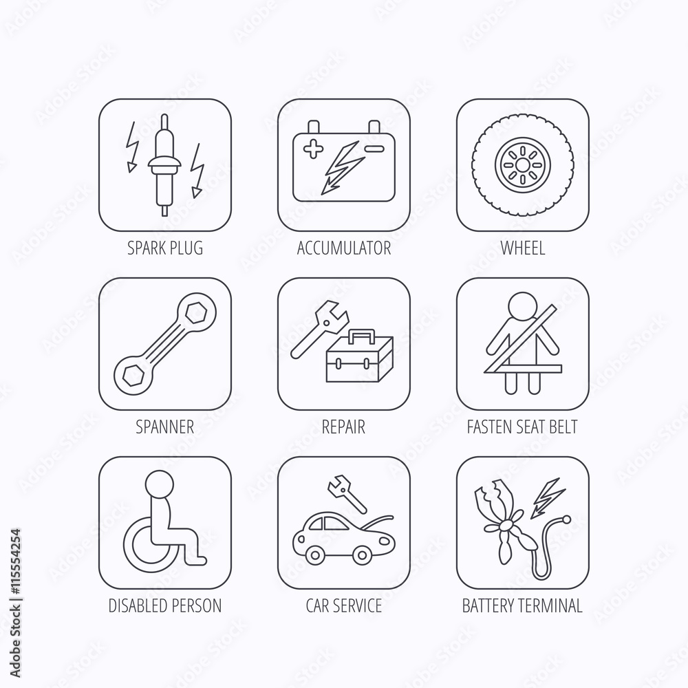 Accumulator, spanner tool and car service icons. Accumulator, spanner tool and car service icons.