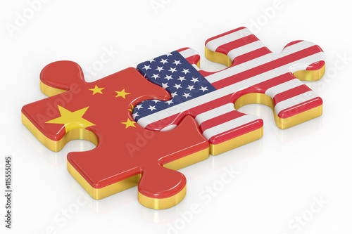 Canvas Print USA and China puzzles from flags, relation concept. 3D rendering