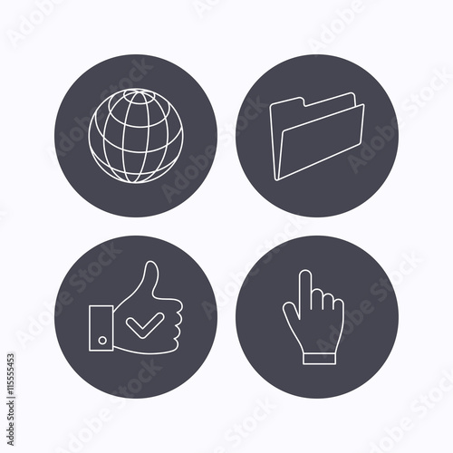 Folder, press hand and world globe icons.