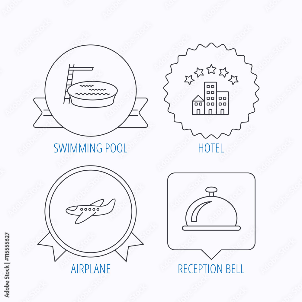 Hotel, swimming pool and airplane icons. Hotel, swimming pool and airplane icons.