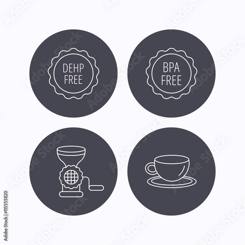 Coffee cup, meat grinder and BPA free icons.