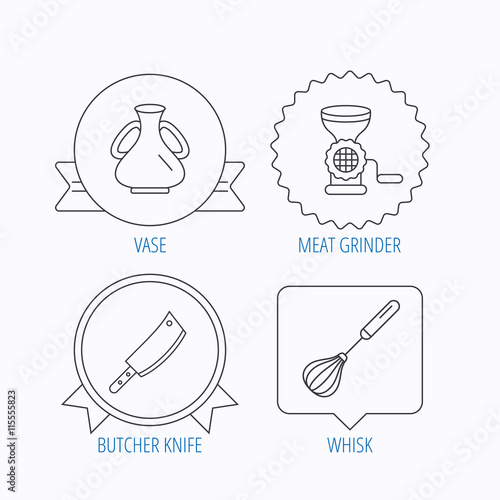 Meat grinder, butcher knife and whisk icons.