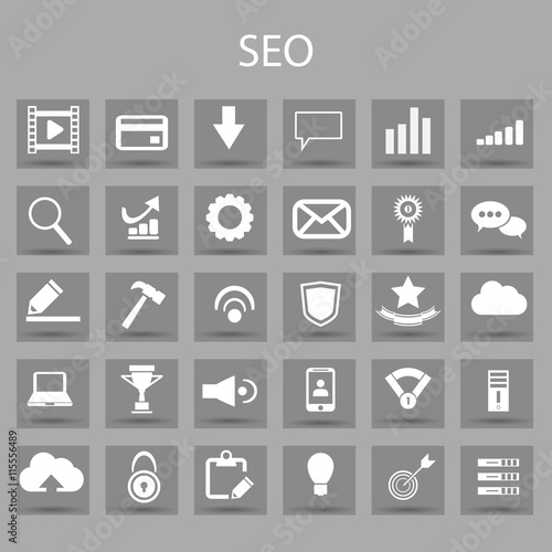 Vector flat icons set and graphic design elements. Illustration with SEO outline symbols.