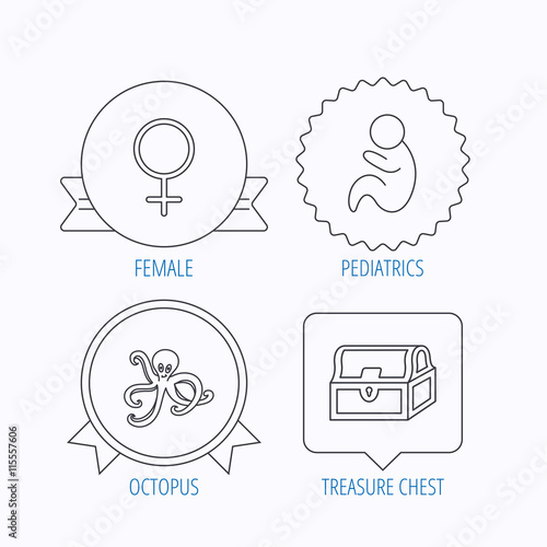 Female, treasure chest and paediatrics icons.