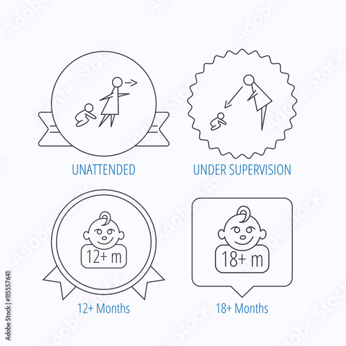 Unattended, parents supervision and 12 months child icons.