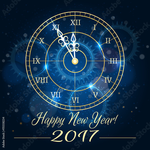 Happy 2017 new year vector background with blue clock