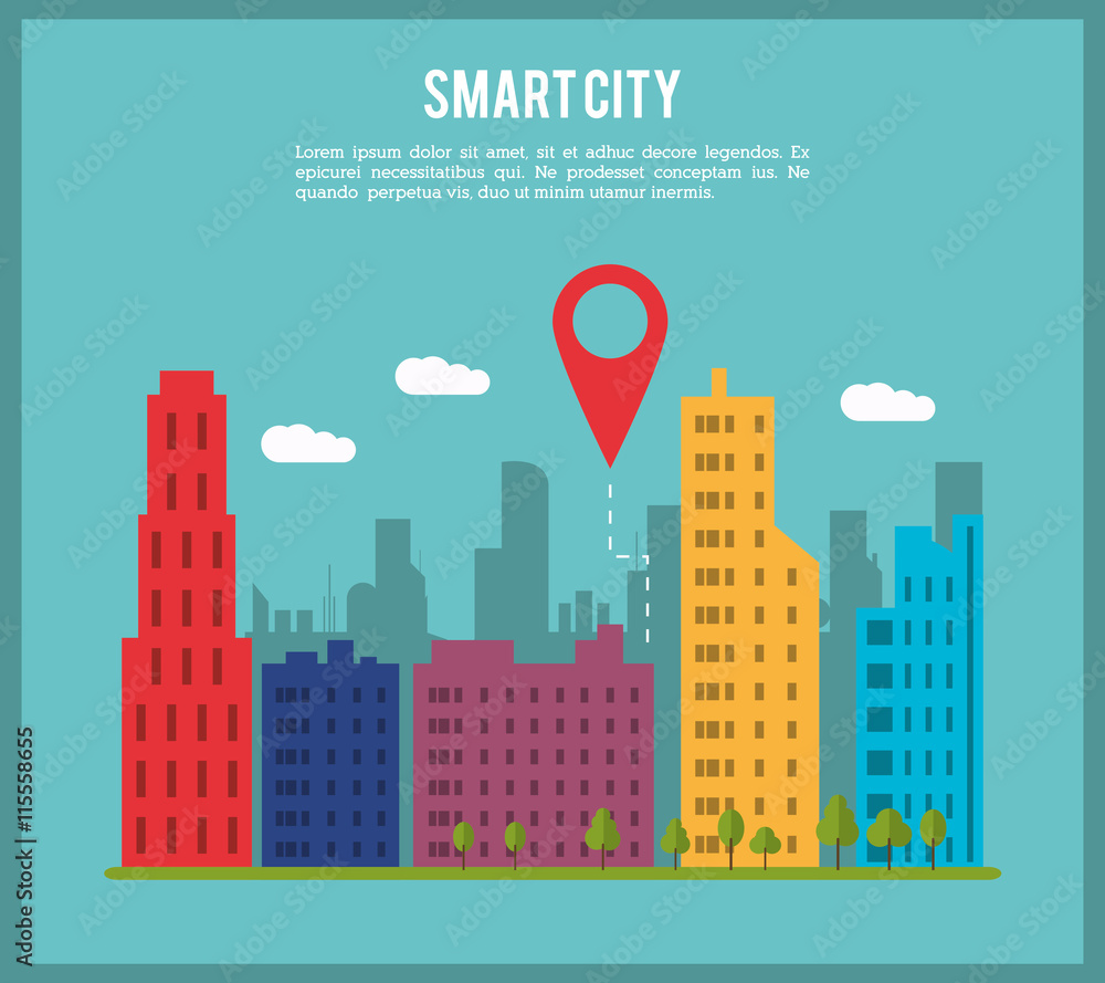 Technology and Internet concept represented by smart city and gps icon. Colorfull and flat illustration.