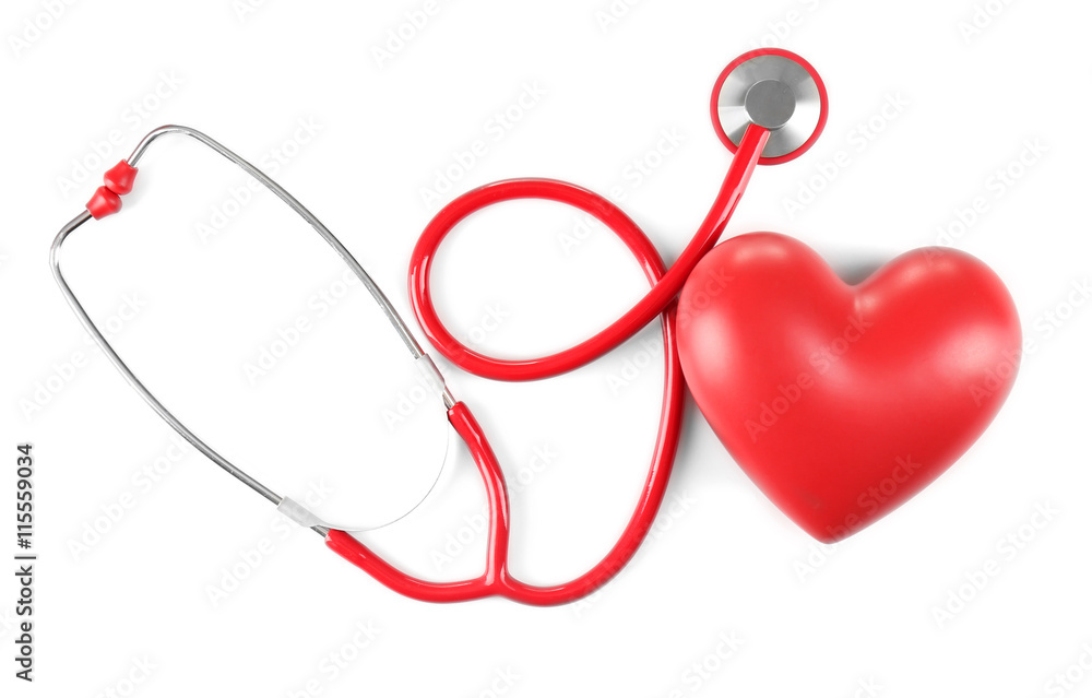 Red stethoscope and heart isolated on white Red stethoscope and heart isolated on white