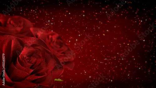 rotating red roses with glitter particles - 3D render. seamless loop