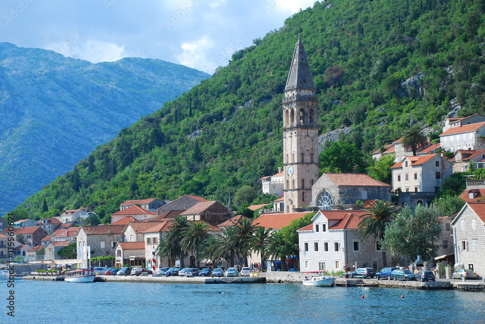 Marine view on the old coastline town, Boca Kotorska bay in Montenegro