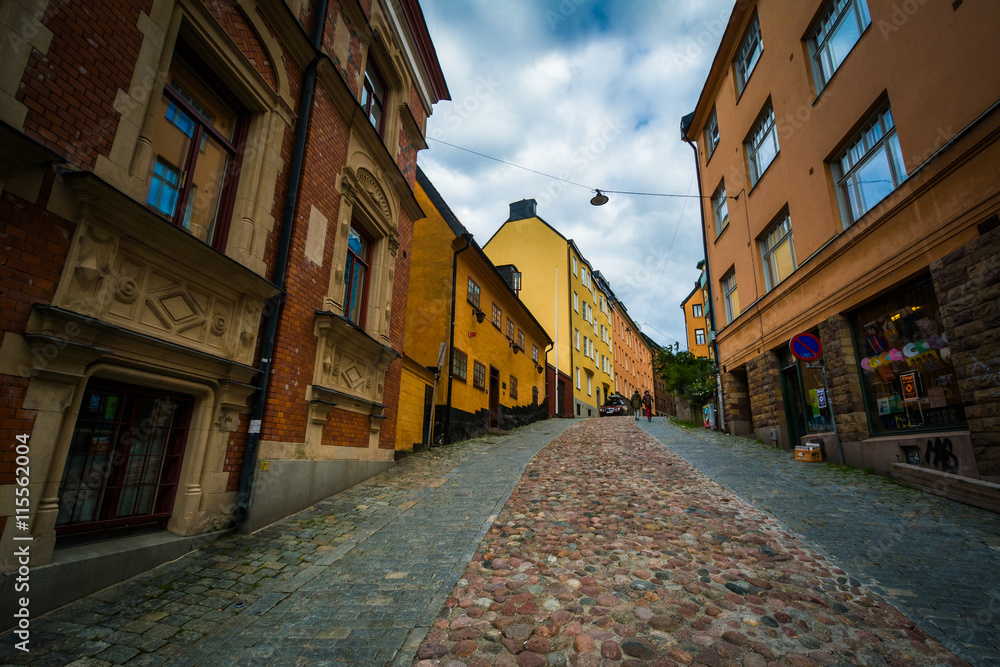 A cobblestone street in Södermalm, Stockholm, Sweden.