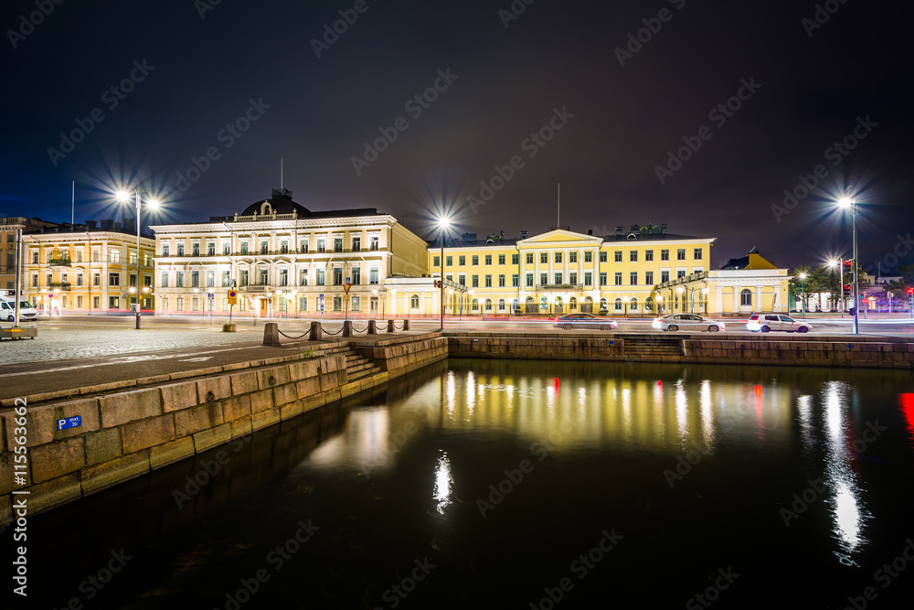 Buildings at Market Square at night, in Helsinki, Finland.