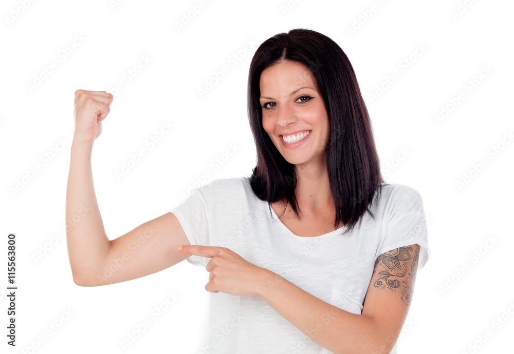 Cool brunette woman pointing her biceps Cool brunette woman pointing her biceps