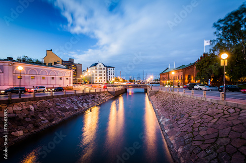 Canal at night, in Helsinki, Finland.