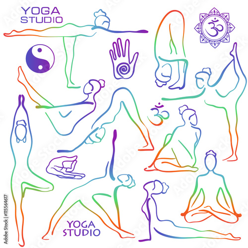 Set Of Rainbow Female Yoga Poses.