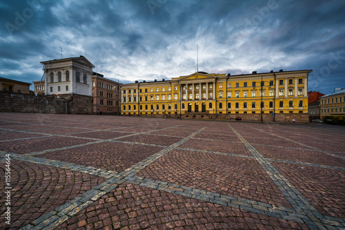 Evening view of Senate Square, in Helsinki, Finland.