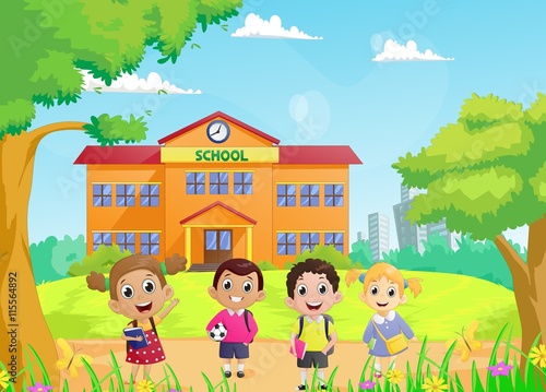 happy School children in front of the school building