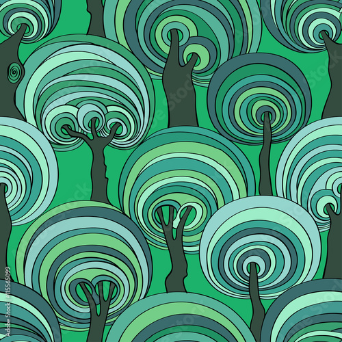 Colorful Seamless Pattern Of Psychedelic Crazy Trees.