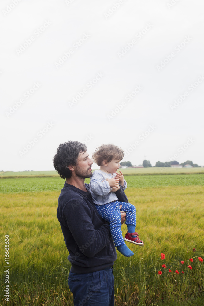 Sweden, Skane, Osterlen, Dad standing in fields and carrying daughter (2-3) Sweden, Skane, Osterlen, Dad standing in fields and carrying daughter (2-3)