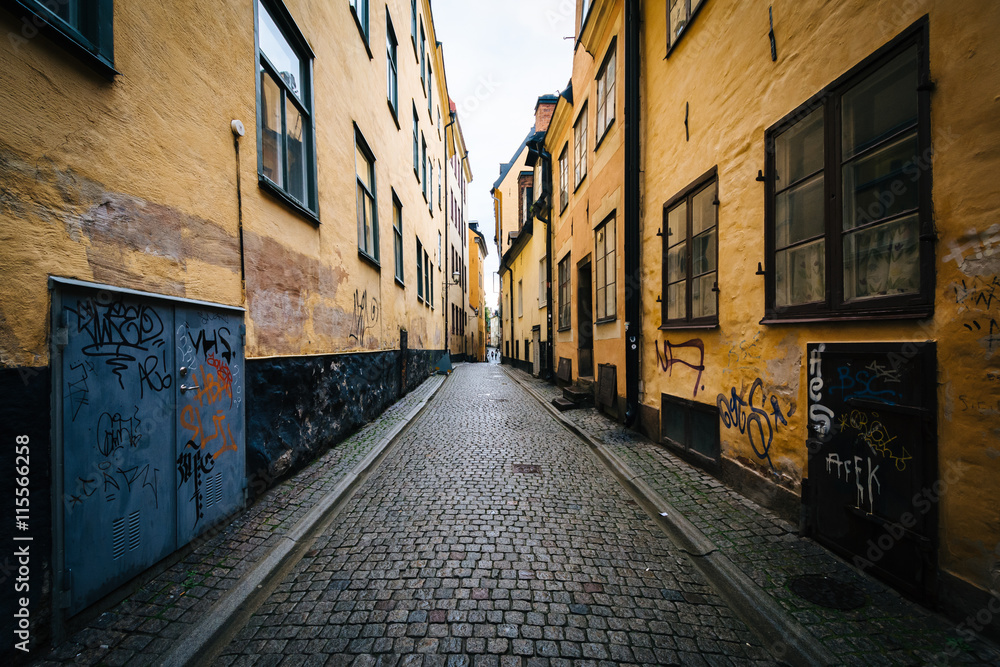 Narrow cobblestone street in Galma Stan, Stockholm, Sweden.