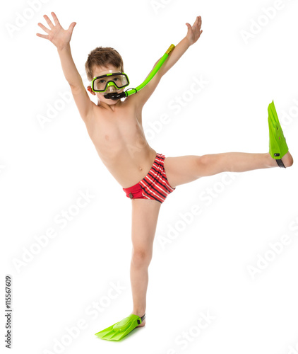 Funny boy in diving mask and flippers