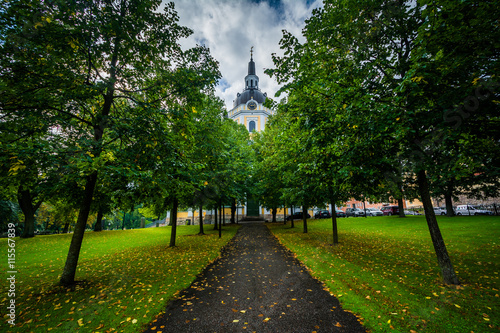 Trees along a path and Katarina kyrka, in Södermalm, Stockholm,