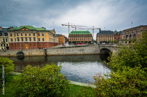View of Norrström and buildings in Norrmalm, in Stockholm, Swed