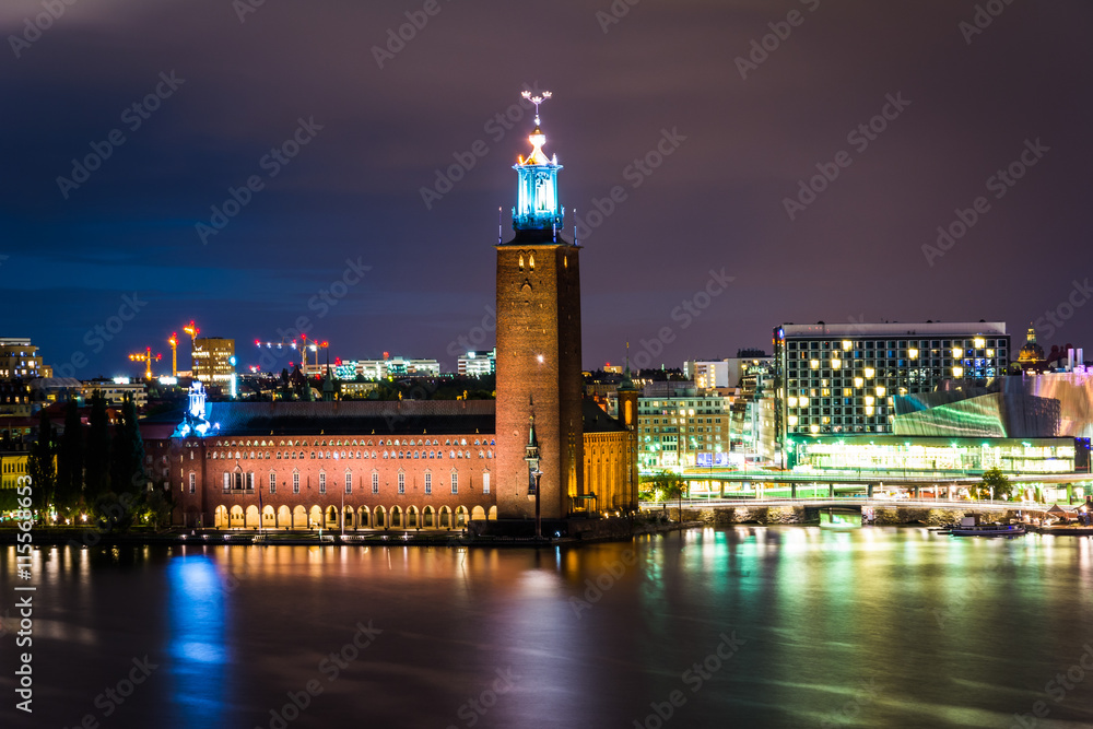 View of Stockholm City Hall at night, from Monteliusvägen, in S