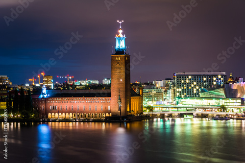View of Stockholm City Hall at night, from Monteliusvägen, in S