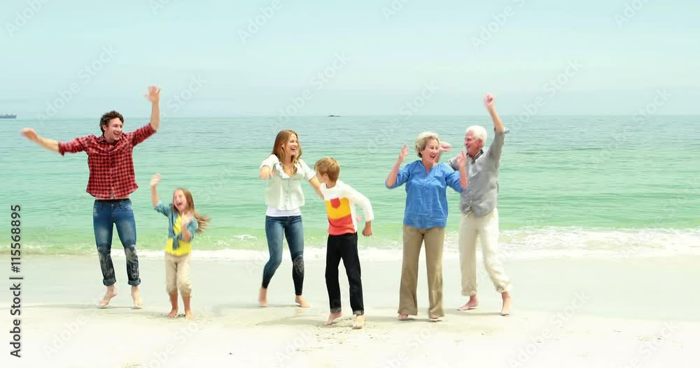 Smiling family jumping together Smiling family jumping together