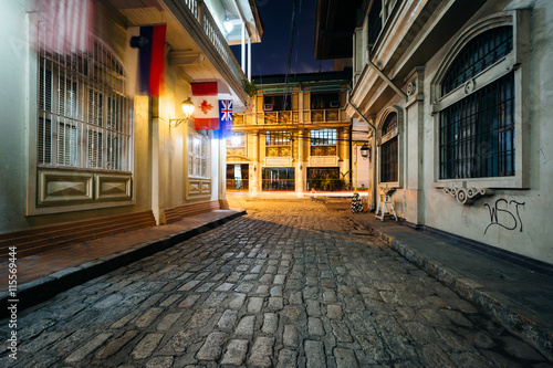 A cobblestone street at night, in Intramuros, Manila, The Philip