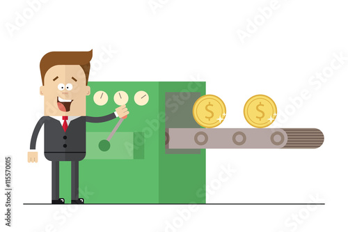 Happy businessman prints wads of money on the conveyor . Isolated illustration white background . Flat picture