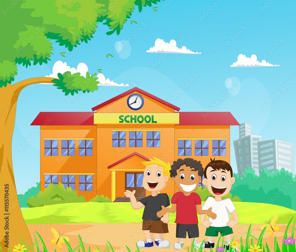 happy children in front of the school building happy children in front of the school building