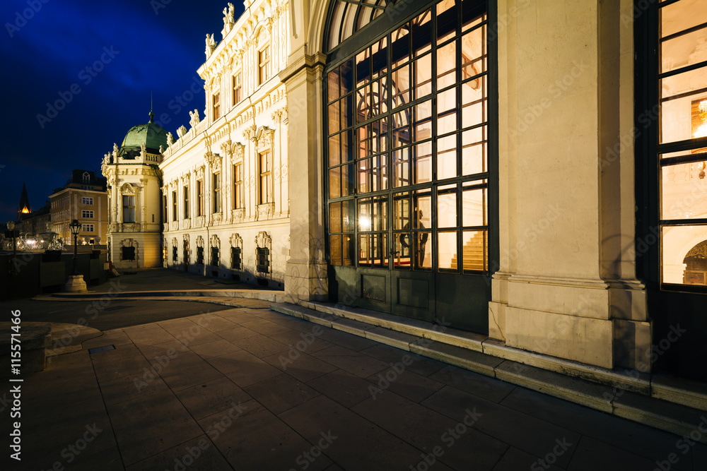 Exterior of Belvedere Palace at night, in Vienna, Austria.