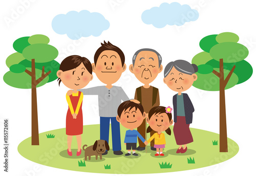 三世代ファミリーとペット（犬）のイラスト