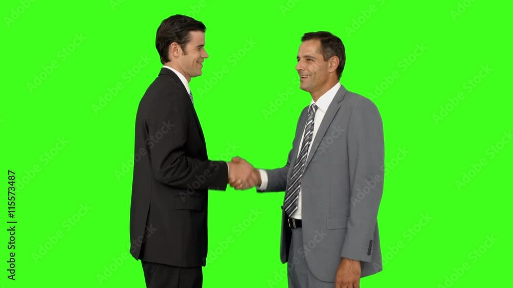 Businessmen shaking hands and smiling on green screen background Businessmen shaking hands and smiling on green screen background