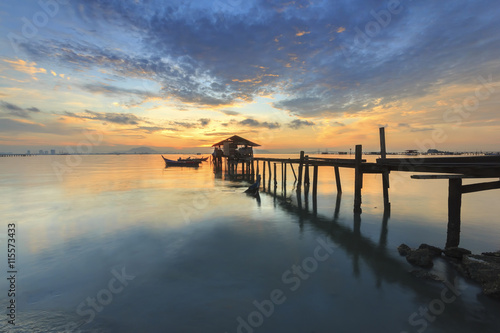 Sunrise view at fisherman jetty Jelutong, Penang Malaysia. Nature composition